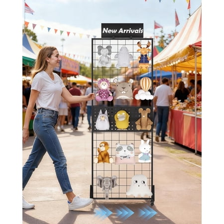 6' x 2' Ft Grid Wall Panel, Pegboard Gridwall Display Stand with Notice board, Sturdy Floorstanding Wire Grid Rack, Movable Silent Wheel for Organization Retail Trade Art Craft Show Vendor