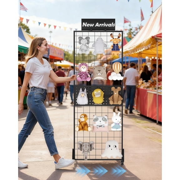 6' x 2' Ft Grid Wall Panel, Pegboard Gridwall Display Stand with Notice board, Sturdy Floorstanding Wire Grid Rack, Movable Silent Wheel for Organization Retail Trade Art Craft Show Vendor