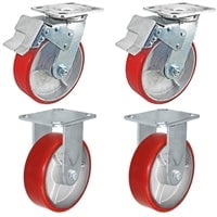 6" x 2" Total Lock Caster Set of 4 - 2 Total Locking Swivel & 2 Rigid with Red Polyurethane on Steel Wheel - 4,800 lbs Capacity Set of 4