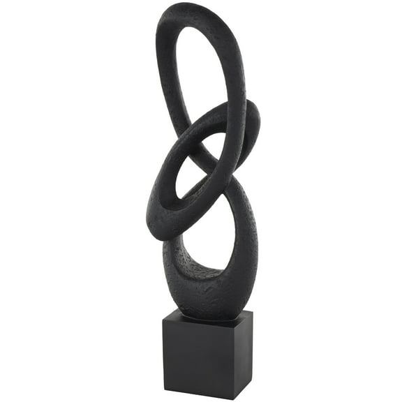 6" x 20" Black Polystone Intertwined Loop Abstract Sculpture with Block Base, by DecMode