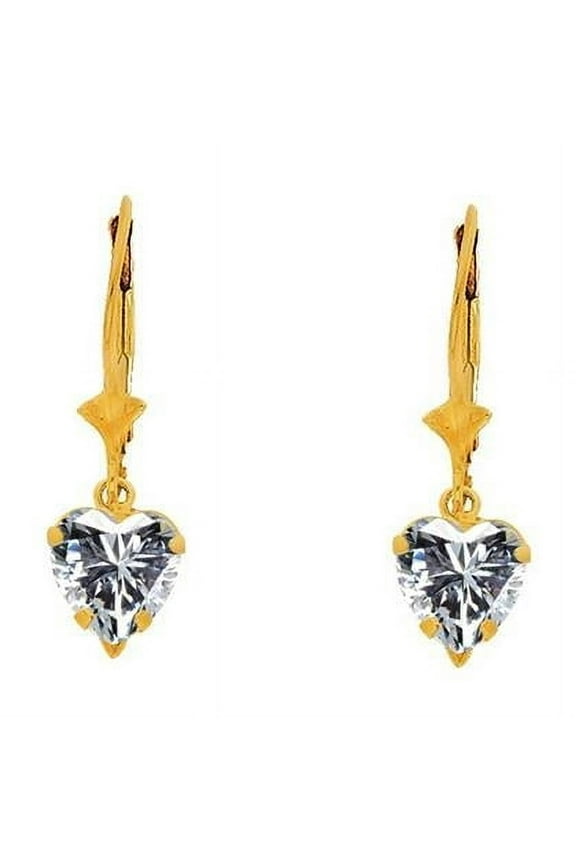 6 x 20 mm 14k Yellow Gold Cubic Zirconia Heart Dangling Earring Studs