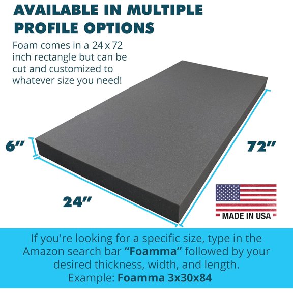 6" x 24" x 72" Charcoal High Density Upholstery Foam Padding for Cushions and Repair, Charcoal, Thick Custom Pillow, Chair, Couch Cushion Foam, and Upholstery Supplies