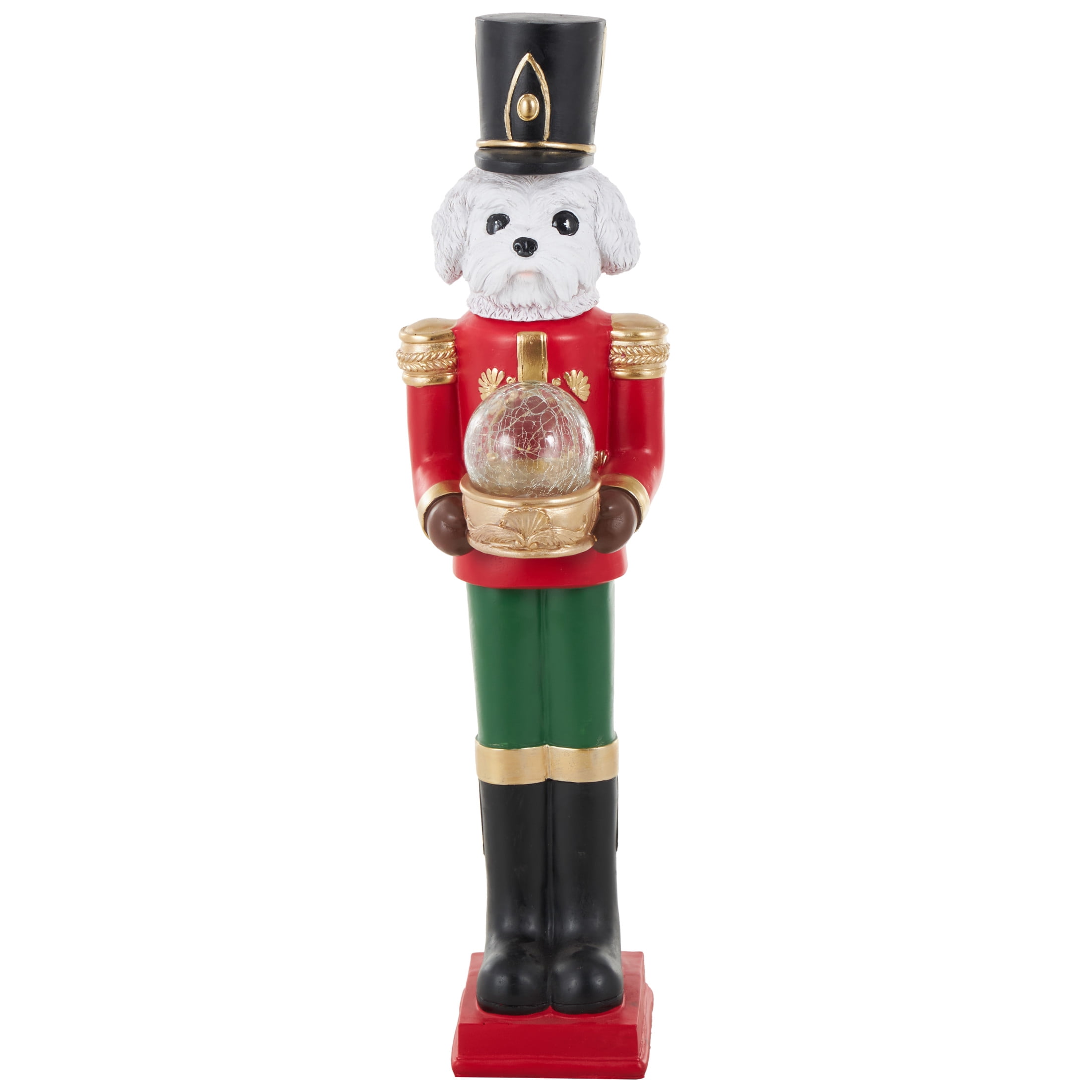 6" x 32" Red Fiberglass Tall Soldier Nutcracker Dog Christmas Sculpture with LED Light Snow Globe, by DecMode