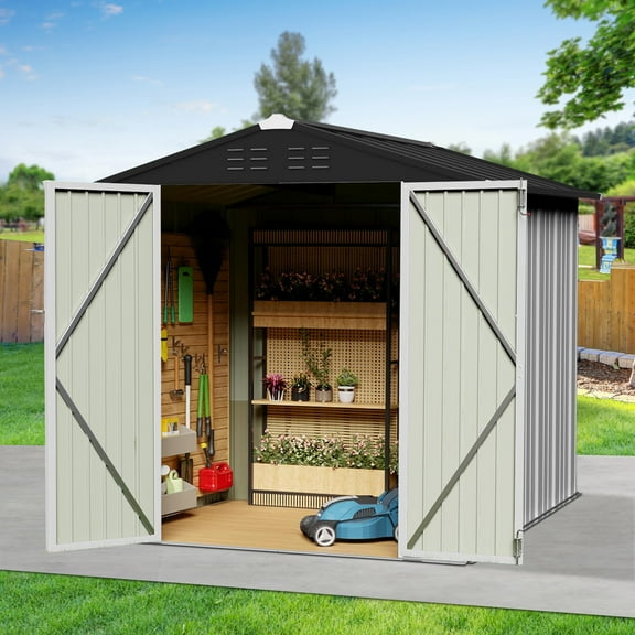 6 x 4 FT Metal Outdoor Storage Shed & Double Hinged Large Door - Heavy-Duty Shed with Floor, Lockable & Ventilation - Rainproof Windproof Large Utility Garden Shed for Backyard Patio Lawn - White