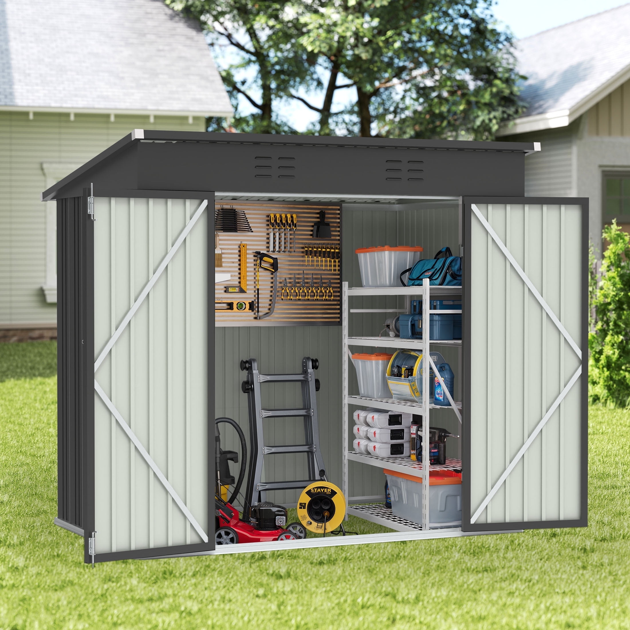 6 x 4 FT Outdoor Metal Storage Shed with Lockable Hinged Door, Galvanized Steel Tool Shed for Garden, Backyard, Lawn, Black