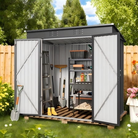 6 x 4 FT Metal Storage Shed Clearance, Galvanized Steel Garden Tool Shed with Lockable Doors for Backyard, Patio, Lawn