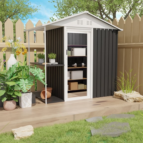 6 x 4 FT Outdoor Storage Shed with Rack Metal Garden Shed with Storage Shelves Bike Storage Tool Cabinet Box for Lawn Backyard Patio Use