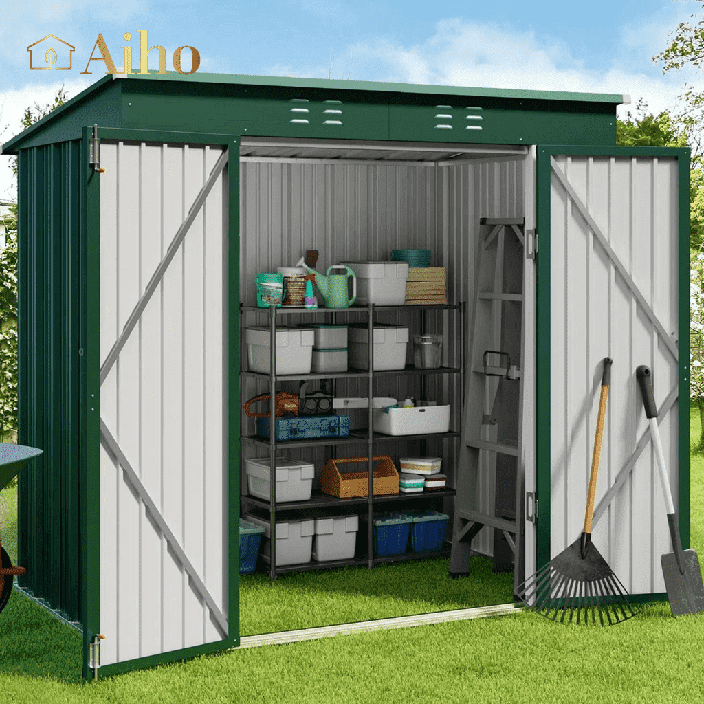 6' x 4' Outdoor Storage Shed with Lockable Doors, Aiho Metal Garden Shed, Sheds & Outdoor Storage for Backyard, Garden & Patio Organization - Green