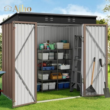 6' x 4' Outdoor Storage Shed with Lockable Doors, Aiho Metal Garden Shed, Sheds & Outdoor Storage for Backyard, Garden & Patio Organization - Light Brown