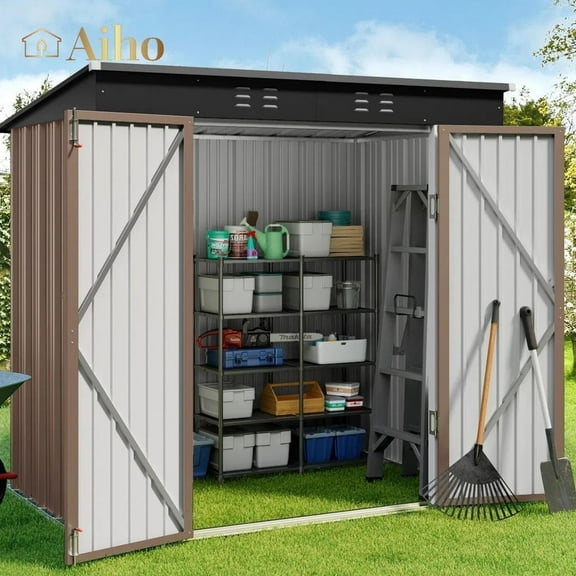 6' x 4' Outdoor Storage Shed with Lockable Doors, Aiho Metal Garden Shed, Sheds & Outdoor Storage for Backyard, Garden & Patio Organization - Light Brown