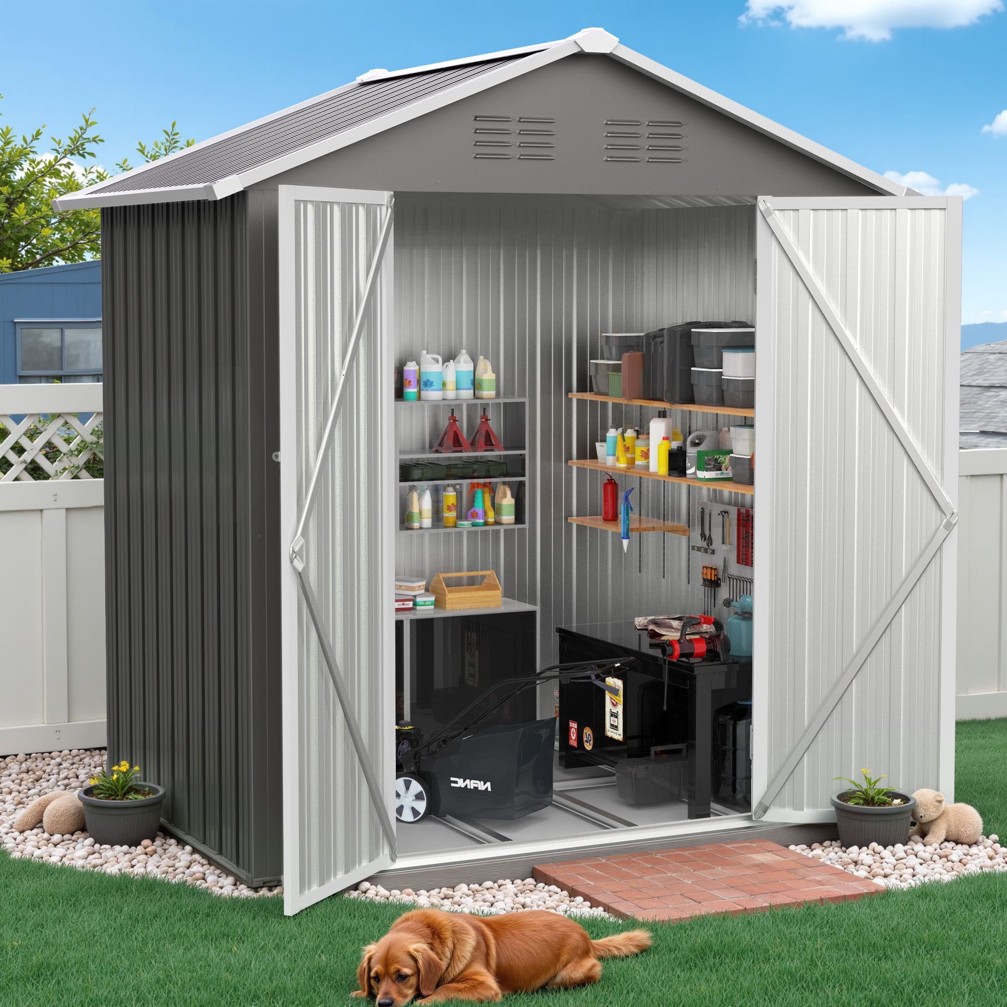 SESSLIFE 6x4ft Outdoor Storage Shed, Galvanized Metal, Lockable, Waterproof, TE3110