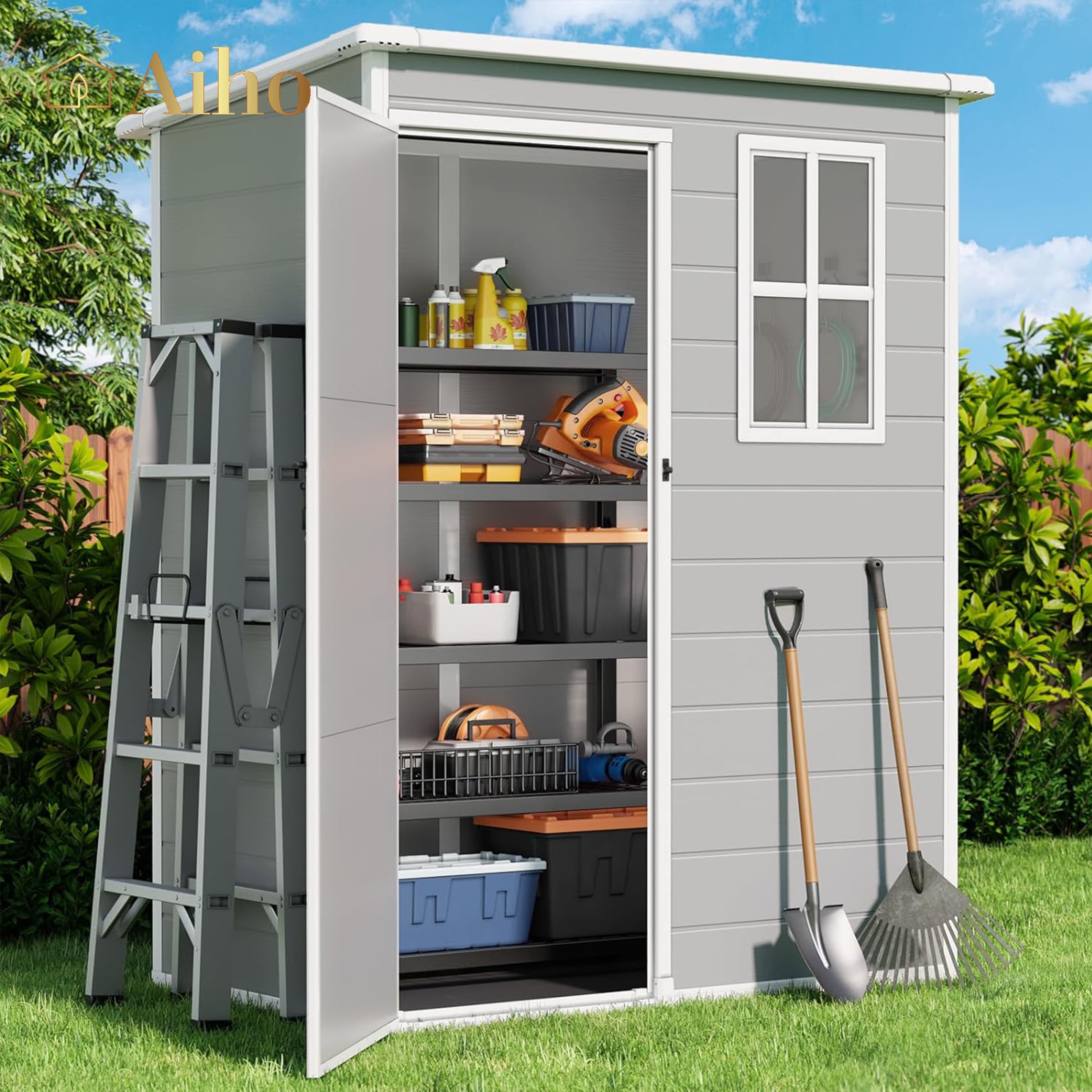 Aiho 5' x 3' Outdoor Storage Shed, Plastic Storage House with Lockable Door for Backyard , Gray
