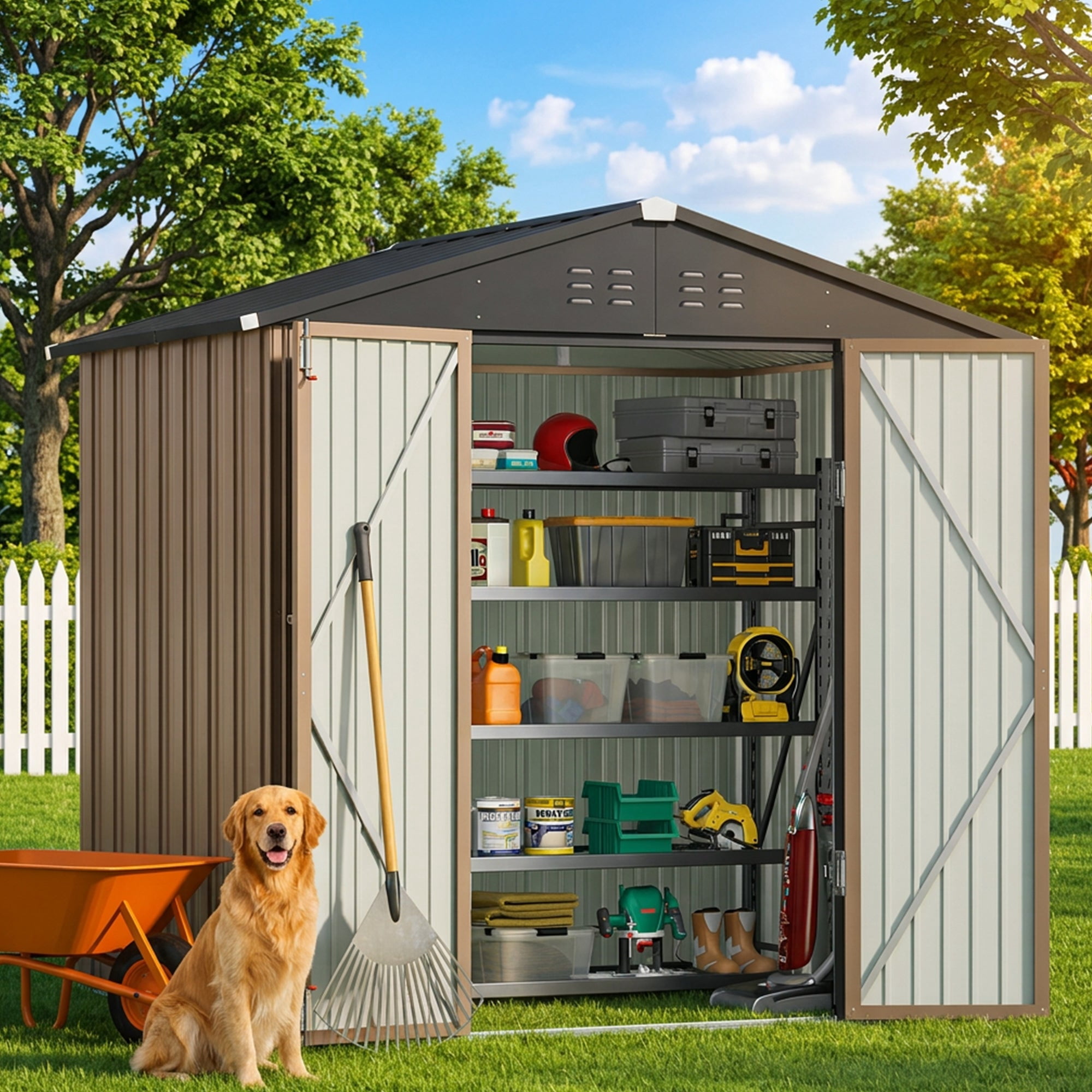 6' x 4' Outdoor Storage Shed, Weather-Resistant Iron Garden Shed with Lockable Double Doors for Backyard/Patio/Lawn, Brown