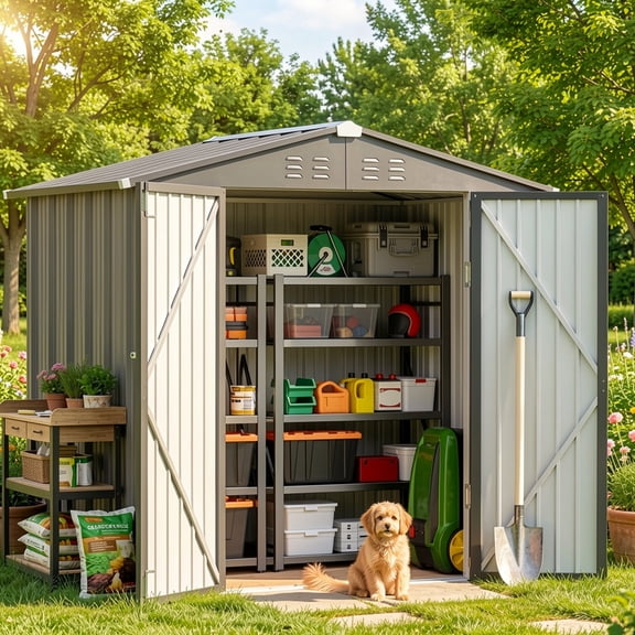 6' x 4' Outdoor Storage Shed, Weather-Resistant Iron Garden Shed with Lockable Double Doors for Backyard/Patio/Lawn, Gray