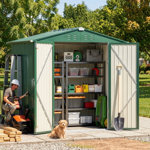 6' x 4' Outdoor Storage Shed, Weather-Resistant Iron Garden Shed with Lockable Double Doors for Backyard/Patio/Lawn, Green