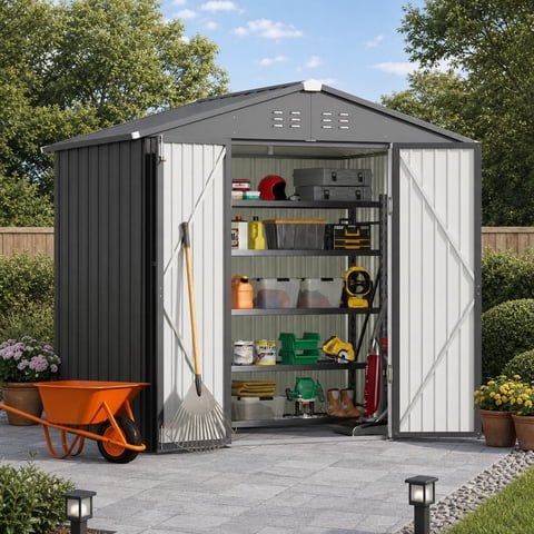 6' x 4' Outdoor Storage Shed, Weatherproof Metal Garden Shed with Lockable Double Doors, Heavy-Duty Iron Tool Storage for Backyard, Patio & Lawn, Gray