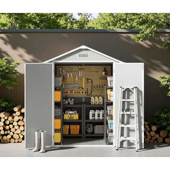 Asofer 6x4 FT Resin Storage Shed, Plastic Outdoor Shed with Floor，Side Window, Lockable Door for Backyard, Garden, Patio, Gray