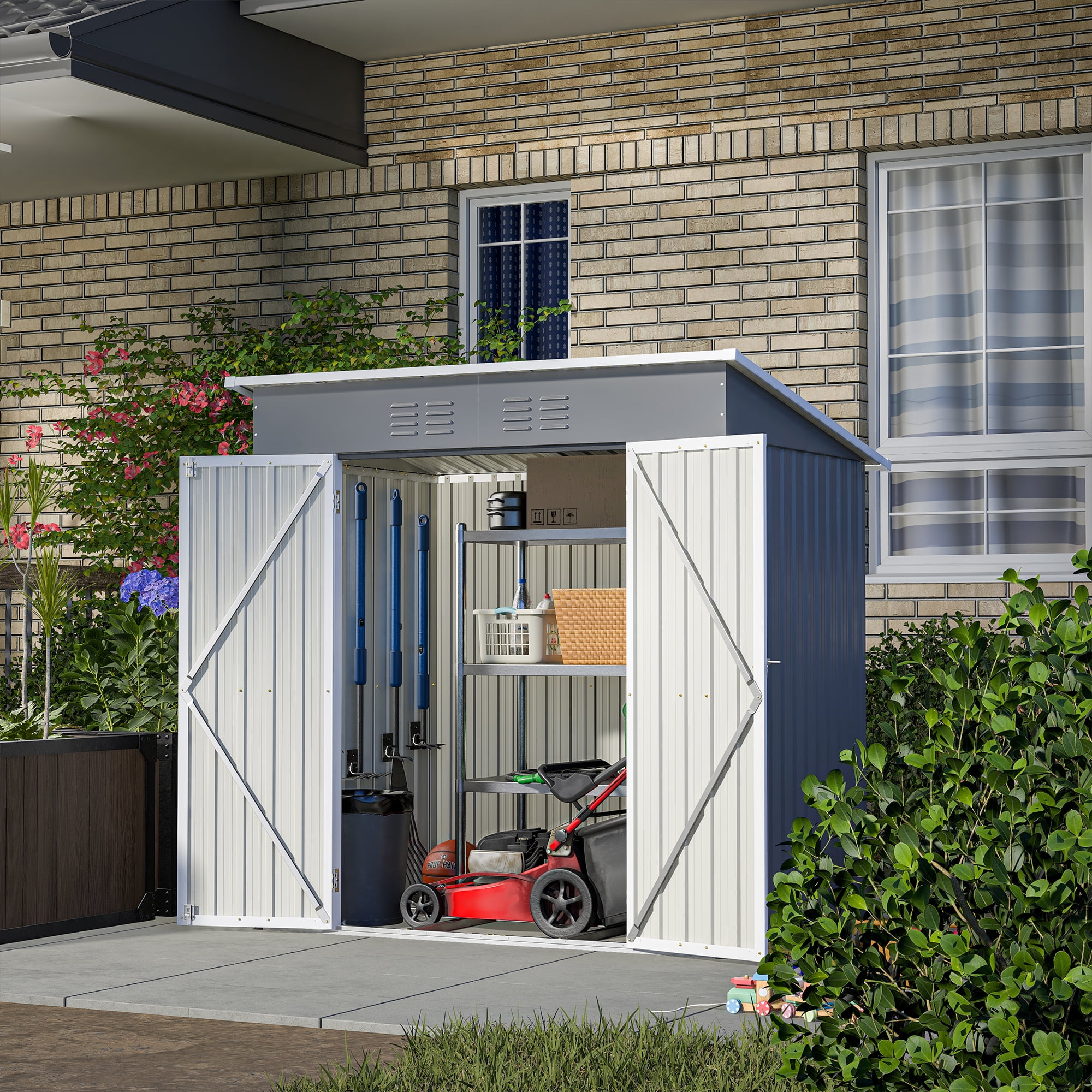 6 x 4 Storage Shed with Floor Frame for Outside, Metal Lawn Mower Shed Outdoor, Tool Sheds, Storage Cabinet with Door for Garden Backyard, Gray