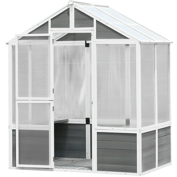 6' x 4' Walk-in Polycarbonate Greenhouse, Outdoor Garden Greenhouse for Plants in Winter, Grow House with Sturdy Cold Wooden Frame, Drain Hole and Front Entry Doors, D6338