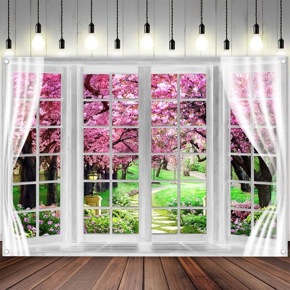 6 x 4 ft Cherry Blossom Backdrop Pink Spring Window Scenery Valentine's Day Phoography Background Garden Flower Tree Backdrop for Baby Shower Birthday Wedding Photo Shoot Decoration