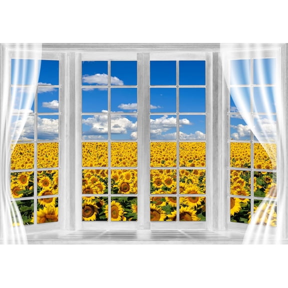 6 x 4 ft Field Sunflower Backdrop Window Scenery Farmhouse Spring Yellow Flower Blue Sky Nature Photo Polyester Background for Picture Birthday Party Photo Shoot Photography Decoration