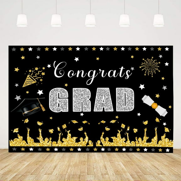 6 x 4 ft Graduation Party Backdrop for Photography Black Gold Glitter Congratulations Grad Class of 2025 Background Party Supplies Graduation Decor Photo Shoot Studio Props Banner