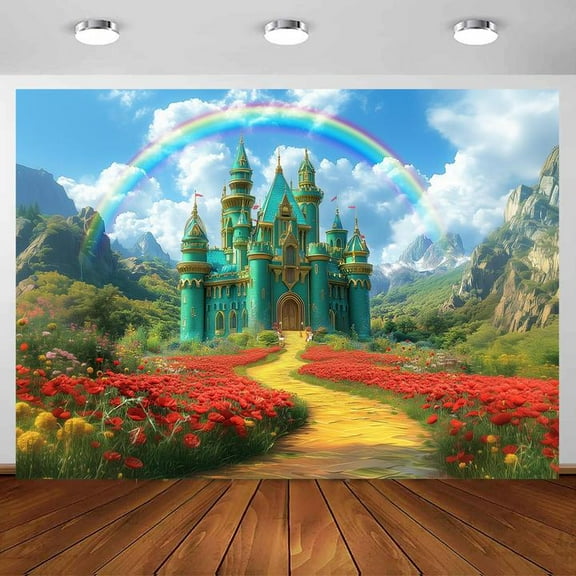 6 x 4 ft Green Castle Backdrop, Emerald Castle Yellow Runner Road Background, Spring Flower Fairy Castle Princess Backdrop Photo Studio Props Decoration Party Banner