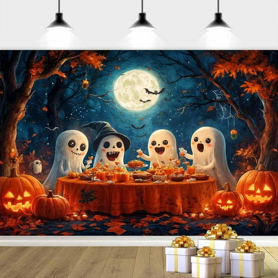 6 x 4 ft Halloween Backdrop, Pumpkin Ghost Photography Backdrop Horror Night Party Background Cute Ghost Spooky Photo Background for Boys Full Moon Night Horror Theme Party Decor Banner, Color2
