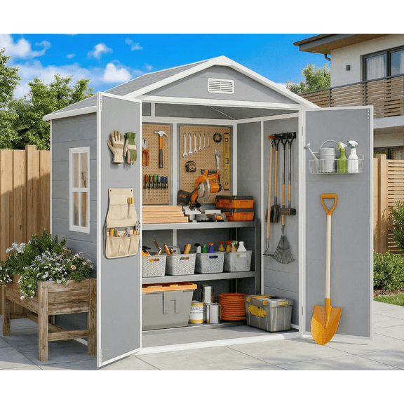6x4 FT Resin Storage Shed, Lofka Plastic Outdoor Shed with Heavy Duty Floors, 135.6 cu ft, Colorfast, Side Window, Double Lockable Doors for Garden Backyard