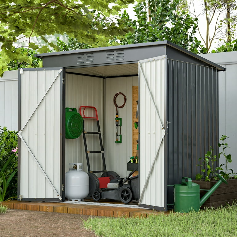 4x8 FT Outdoor Storage Shed With Floor Included,Lean To Garden Shed W Lockable Door All Weather Waterproof Metal Tool House W 2 Air Vents For Backyard Patio Lawn Garden Gray