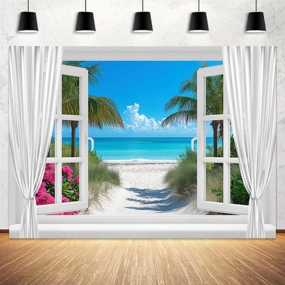 6 x 4 ft Summer Tropical Hawaii Backdrop Palm Tree Beach Window Photography Backdrops Blue Sea Sky Sunshine Luau Party Photo Background Wedding Bride Shower Baby Birthday Banner Supplies Props Vinyl