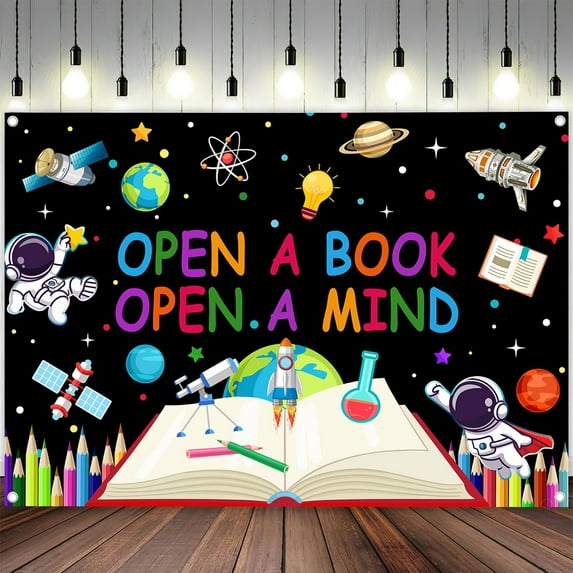 6 x 4 ft World Book Day Backdrop, Open A Book Open A Mind Background Kids Reading Theme Elementary Student Classroom Library Decoration Banner Photo Props Decor