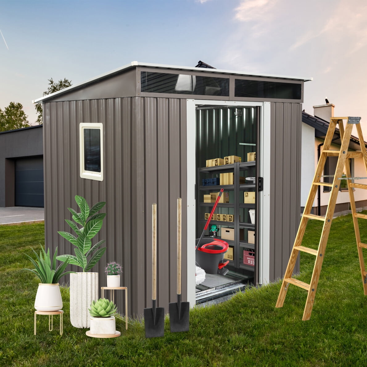 6 x 5 FT Outdoor Storage Shed, Metal Garden Shed with Floor Frame, Tool Shed Outdoor Storage ...