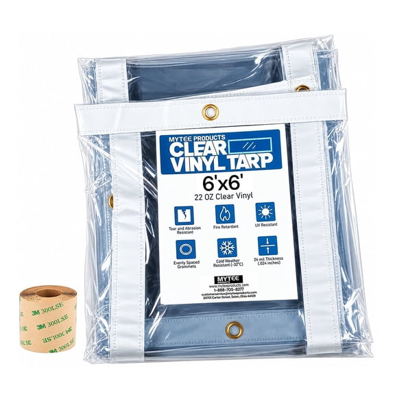 Mytee Products 6' x 6' Clear Vinyl Tarp with Repair Tape - 24 MIL Thick Heavy-Duty Waterproof Vinyl Tarpaulin with Brass Grommets, UV & Fire Retardant - Cold Weather Resistant Cover for Outdoor