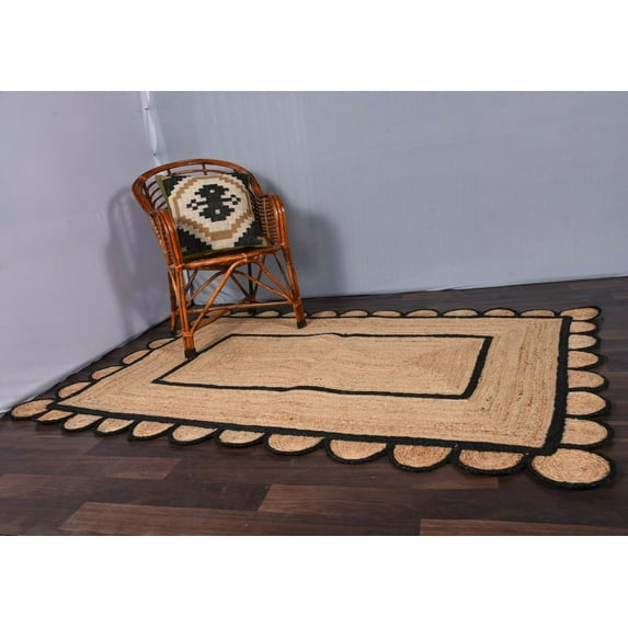 6 x 6 Feet Square ( 180 cm x 180 cm ) Natural Jute with Black Scalloped Area Rugs , Home Decor Rugs