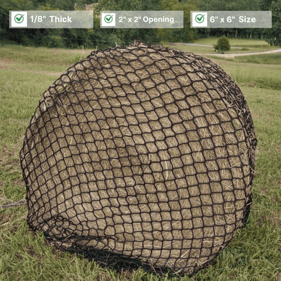 Resistance Heavy-Duty Slow Feed Hay Net, 6' x 6', 2"" Openings, Durable Round Bale Feeder, 1/8"" Thick for Horses