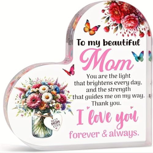 6 x 6 Inch Heart Shape Acrylic Plaque Block Floral Design Butterflies Acrylic Desk Decor Tabletop Keepsake Heartfelt Gift for Mom Mother's Day Birthday from Son Daughter Home Office Table