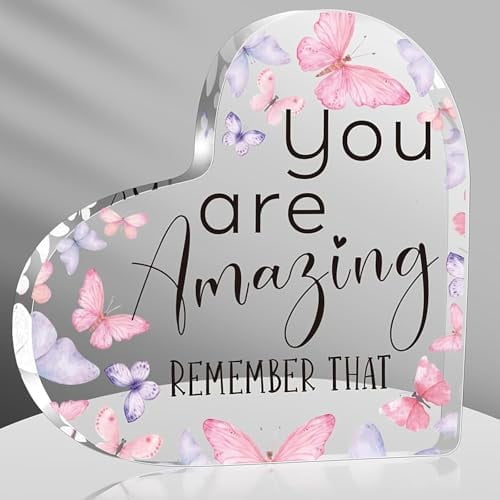 6"X6"Inch Heart Shape Acrylic Plaque Block Inspirational Gift for Women Sisters Friends Vintage Keepsake Acrylic Desk Decor Tabletop Keepsake Pink Purple Butterfly for Home Wall Desk