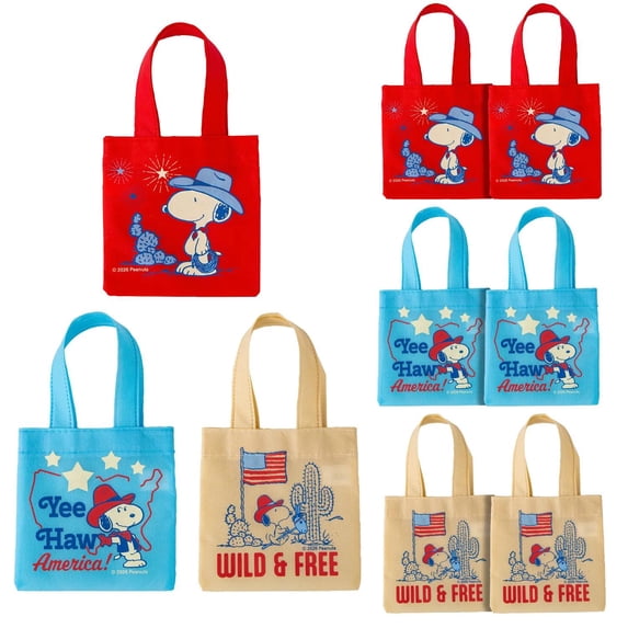 6" x 6" Mini Patriotic Peanuts Snoopy Yee-Haw America Nonwoven Tote Bags – 6 Pc.