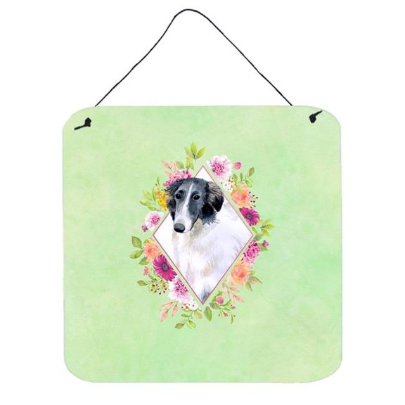 6 x 6 in. Borzoi Green Flowers Wall or Door Hanging Prints