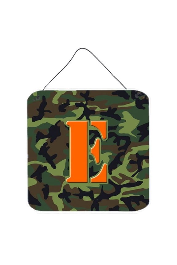 6 x 6 in. Letter E Initial Monogram - Camo Green Aluminium Metal Wall or Door Hanging Prints