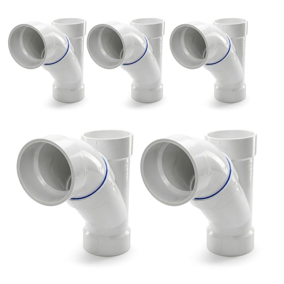 6" x 6" x 4" PVC DWV 2-Piece Combination Wye & 1/8 Bend 45° Elbow Reducing Hub, White PVC Drain, (5 Pack)
