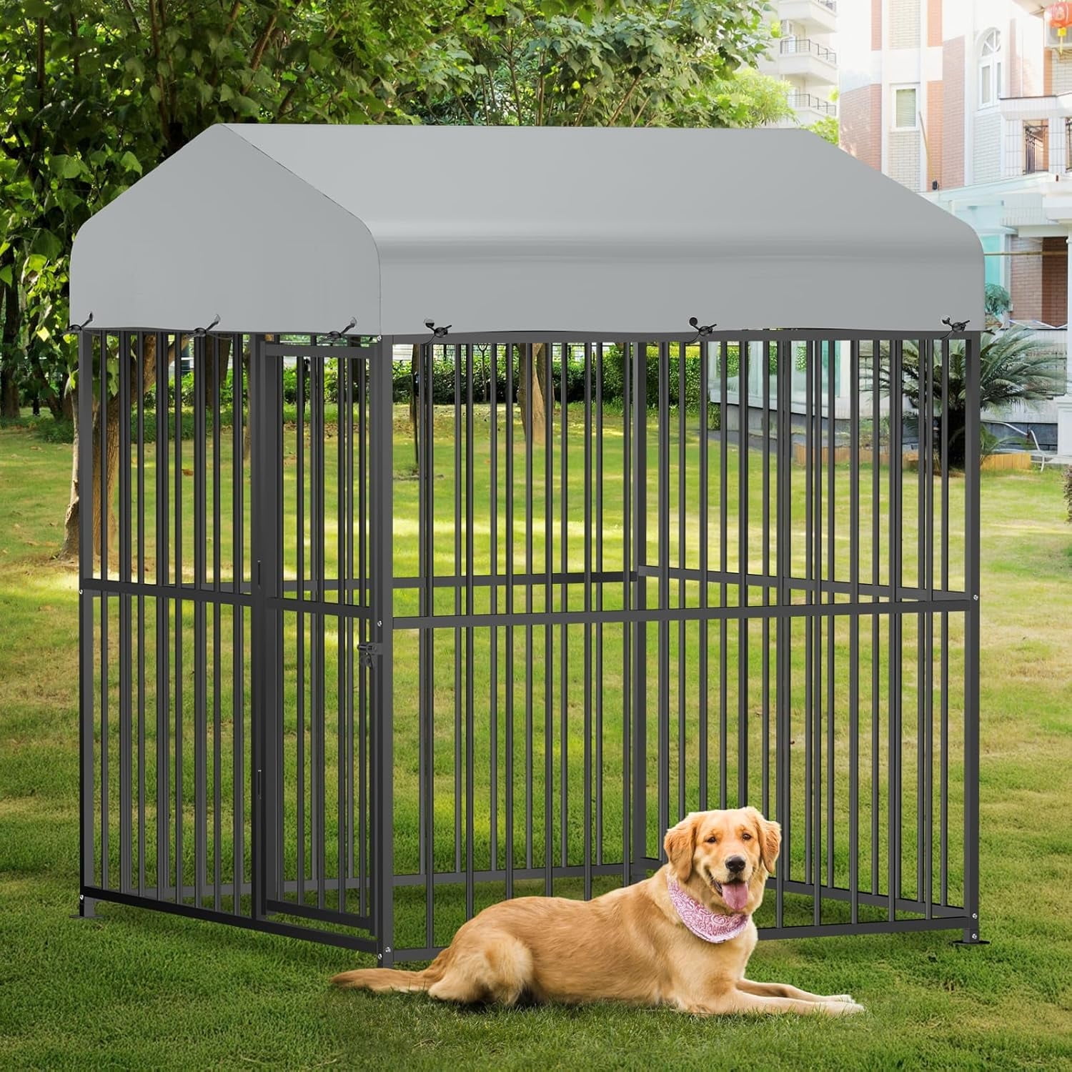 6 x 6 x 6 Ft Large Outdoor Dog Kennel, Heavy Duty Outside Dog Run Enclosure with UV & Waterproof Cover, Dog Pen House Pet Playpen with Thickened Bars & Secure Lock for Small to Large Dogs