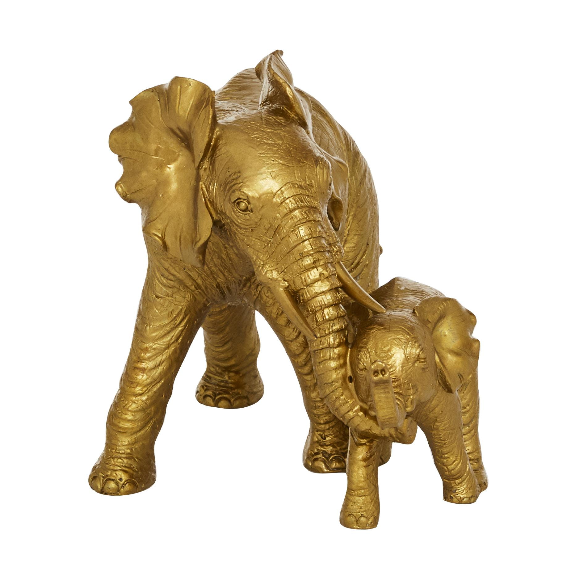 Gold Resin Elephant Figurine with Baby, 6" x 10" x 7"
