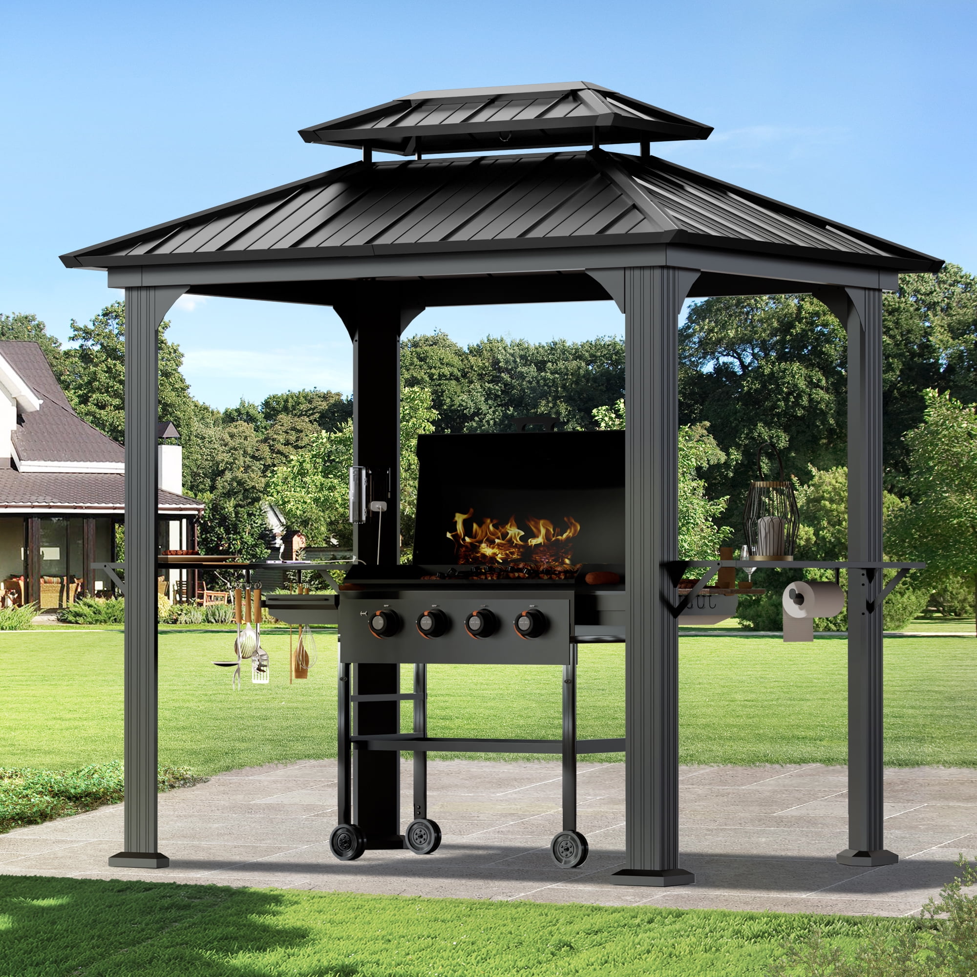 Walmart Deal of Modern Shade 6‘x 8‘ Gazebo featuring rustproof steel roof, practical storage shelves and lighting hook weather-resistant for backyard bbqs Black