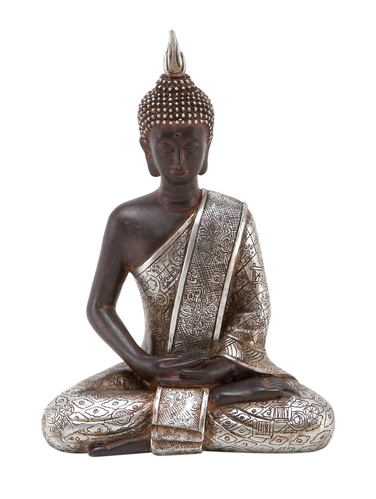 Black and Silver Polystone Meditating Buddha Statue with Engraved Patterns