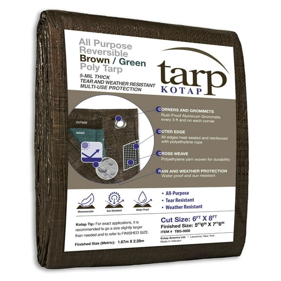 KOTAP 6 x 8 Ft. All-Purpose Protection/Coverage 5-mil Poly Tarp, Reversible, Waterproof, Brown/Green, TBG-0608