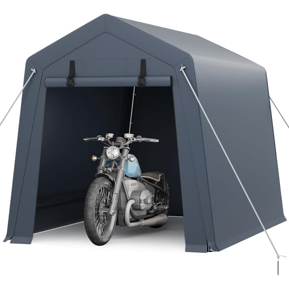 6 x 8 Ft Portable Outdoor Storage Shelter with Roll Up Zipper Door and Vent 240G PE Tarp Waterproof UV Resistant for Motorcycle Firewood Tools Gray
