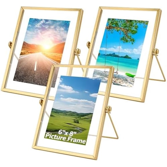 6"x 8" Gold Floating Frames, Set of 3 Pressed Glass Floating Frames, Vertical Adjustable Tabletop/Shelf Photo Frame, Gold Floating Picture Frame for 5x7, 4x6, 3x5 Photo Tabletop Display