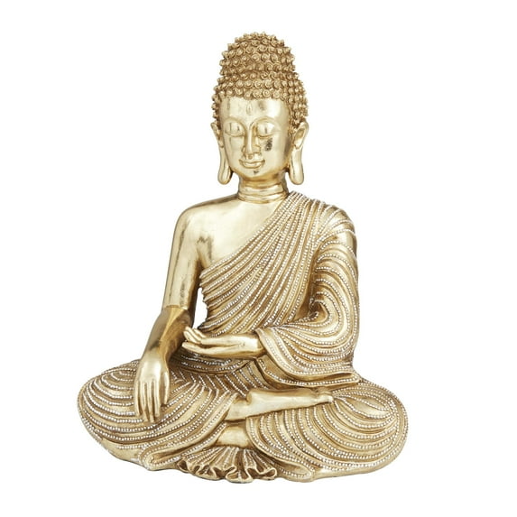 6" x 8" Gold Polystone Meditating Buddha Sculpture with Engraved Carvings and Relief Detailing, by DecMode